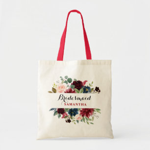 Tote Bag Burgundy Red Navy Floral Boho Bridesmaid cadeau
