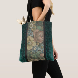 Tote Bag Burlap floral vintage et Turquoise foncé