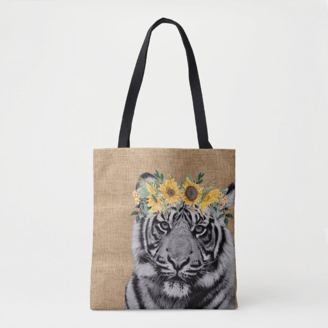 Tote Bag Burlap Tiger noir blanc Tournesol Couronne (Devant)