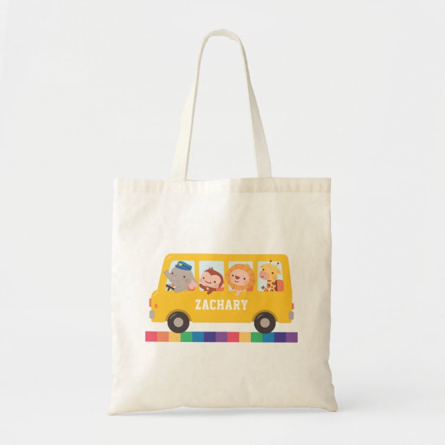 Tote Bag Bus Jaune Et Animaux Mignons Enfants Personnalisés (Devant)