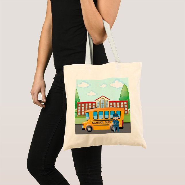 Tote Bag Bus scolaire jaune avec chauffeur et bâtiment scol (Créateur téléchargé)