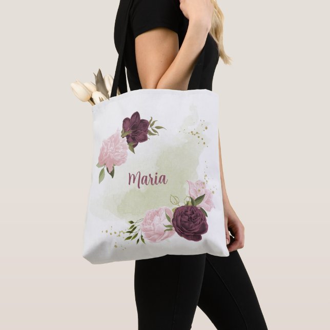 Tote Bag cabernet vert rose fleuri (De près)