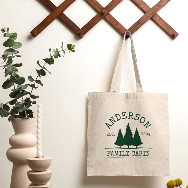 Tote Bag Cabin Family Name Forest Trees (Customize to change text size or text style.)