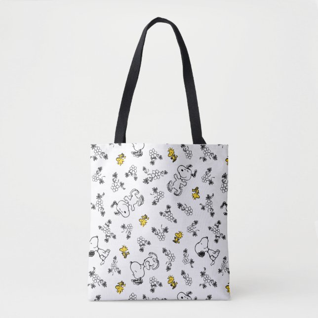 Tote Bag cacahuètes | Snoopy & Woodstock B&W Flower Motif (Devant)