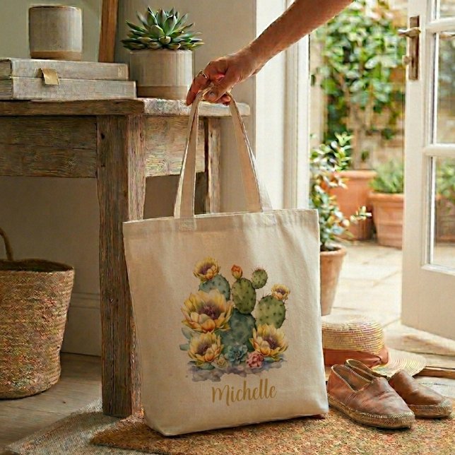 Tote Bag Cactus à Fleurs Jaunes Avec Nom (Créateur téléchargé)