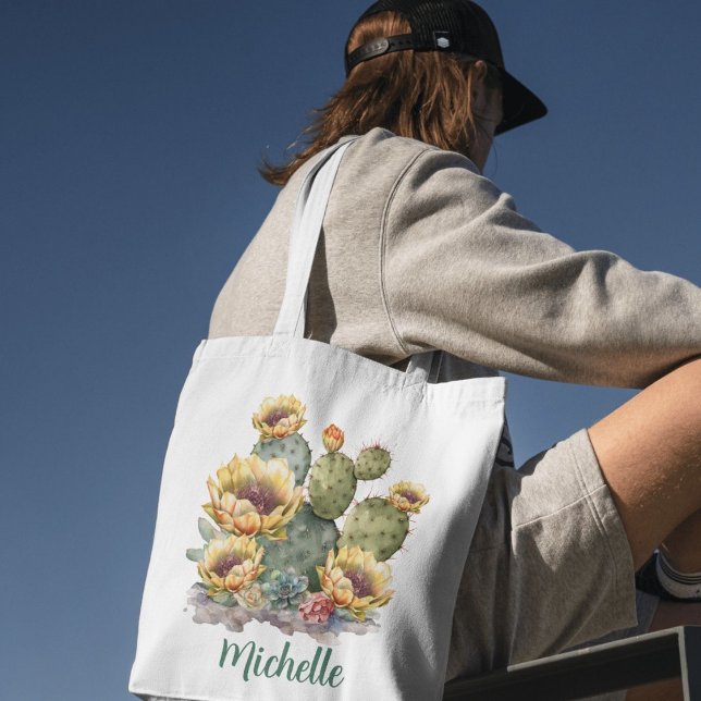 Tote Bag Cactus à fleurs jaunes avec nom (Créateur téléchargé)