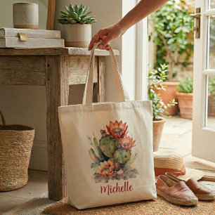 Tote Bag Cactus à Fleurs Orange/Rouge Avec Nom