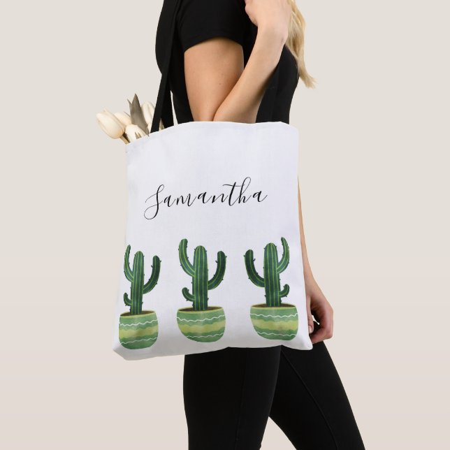 Tote Bag Cactus Aquarelle Nom Fourre-tout (De près)