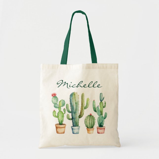 Tote Bag Cactus Cactées Aquarelle Moderne Désert Plante Gra (Devant)