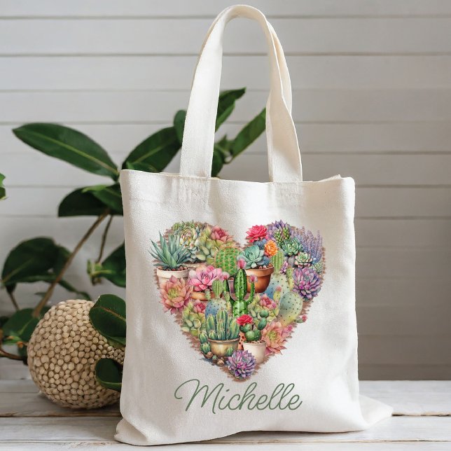 Tote Bag Cactus En Forme De Coeur Avec Nom (Créateur téléchargé)
