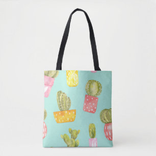 Tote Bag Cactus épineux dans les pots, motif aquarelle.