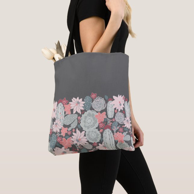 Tote Bag Cactus Et Plantes Succulents Motif En Monnaie Rose (De près)