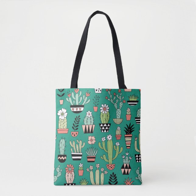 Tote Bag Cactus Fleuris Fond Vert Vintage (Devant)