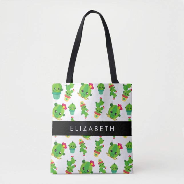 Tote Bag Cactus mignons, Cactus Motif, Succulent, Votre Nom (Devant)