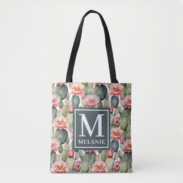 Tote Bag Cactus Motif Fleurs roses Monogramme (Devant)