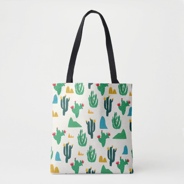 Tote Bag Cactus Naturel : Art Folk Sans Couleur. (Devant)