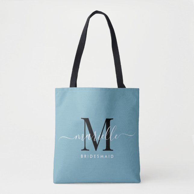 Tote Bag Cadeau Bridesmaid Blanc Noir Monogramme Dusty Bleu (Devant)