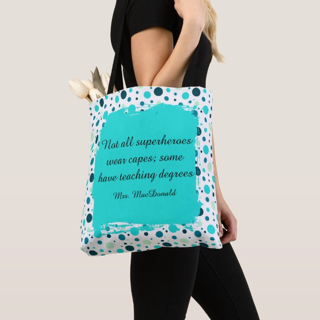 Tote Bag Cadeau d'appréciation pour enseignant à pois Aqua (De près)