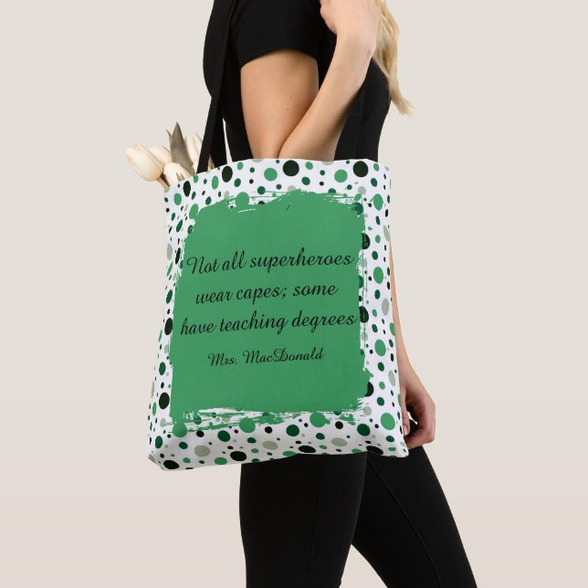 Tote Bag Cadeau d'appréciation pour enseignant à pois verts (De près)