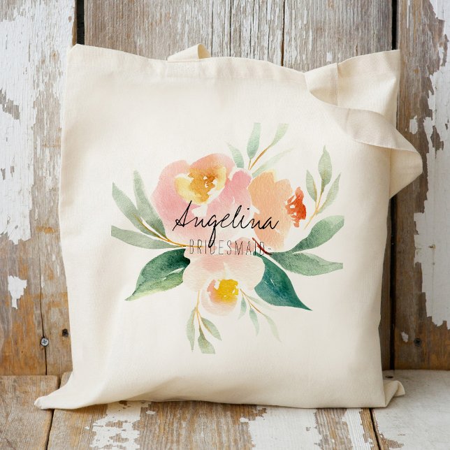 Tote Bag Cadeau de demoiselle d'honneur floral pêche et ros (Créateur téléchargé)