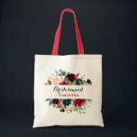 Tote Bag Cadeau de la Marine rouge de Bourgogne Floral Boho<br><div class="desc">Aquarelle Bourgogne Red Navy Floral Rustic Boho Mariage/dossard-dossard sac fourre-tout cadeau de femme de chambre. Parfait pour un mariage d'automne/mi-été. Le design présente un bouquet époustouflant de bordeaux / Marsala , pêche , fleurs marines avec feuilles assortis. S'il vous plaît trouver d'autres modèles et variantes dans mon magasin "blissweddingpaperie". Et...</div>