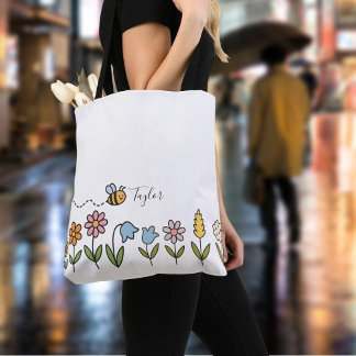 Tote Bag Cadeau personnalisé Abeille et Fleurs Colorées