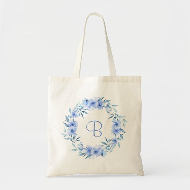 Tote Bag Cadeau personnalisé couronne florale bleue douce (Devant)