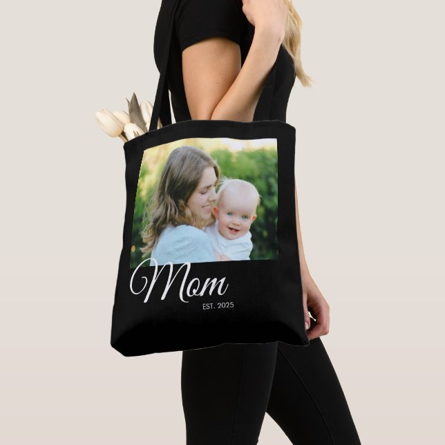 Tote Bag Cadeau Photo Noir Script Établie Maman (De près)