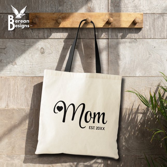 Tote Bag Cadeau pour maman avec un script simple établi par (MOM ESTABLISHED Script Budget Tote Bag with customizable text. Ideal Mother's Day gift for her.)