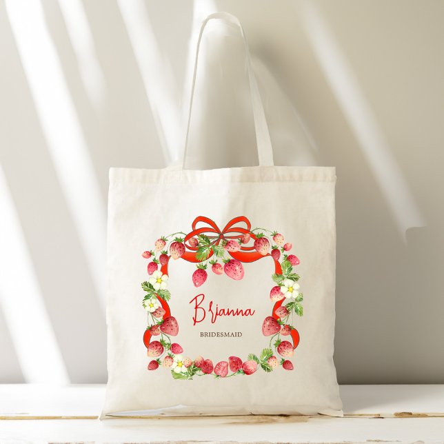 Tote Bag Cadeaux personnalisés de demoiselles d'honneur rub (Strawberry ribbon coquette bow personalized bridesmaid gifts monogrammed tote bag)