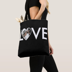 Tote Bag Cadre de cœur noir avec photo personnalisée pour f