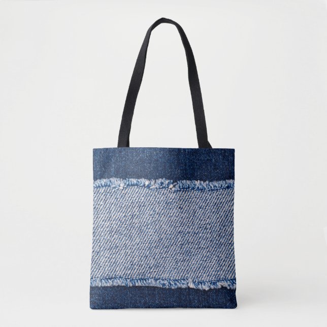Tote Bag Cadre de jean bleu denim fringé. (Devant)