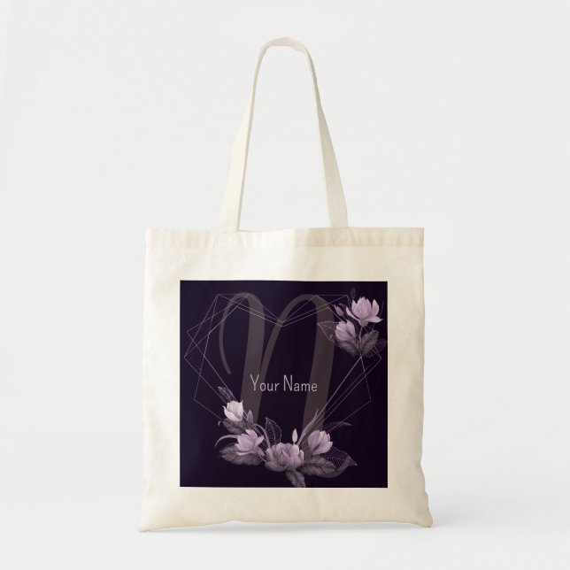 Tote Bag Cadre de monogramme floral violet géométrique (Devant)