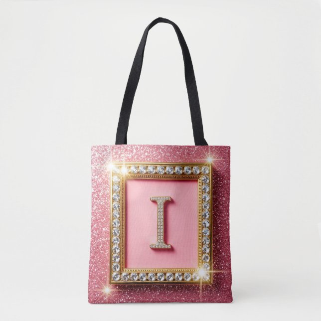 Tote Bag Cadre Doré Initiale Diamant I Monogramme Paillette (Devant)