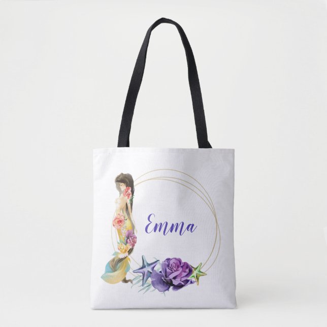 Tote Bag Cadre en or Sirène Monogramme personnalisé floral (Devant)