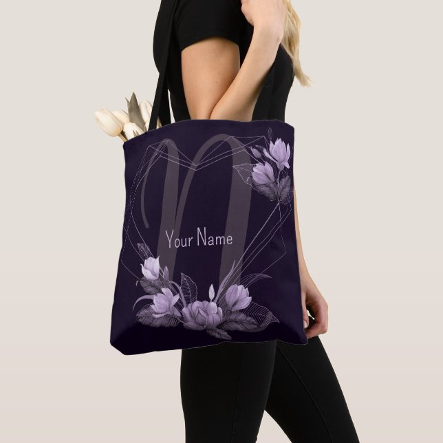 Tote Bag Cadre géométrique violet floral violet avec monogr (De près)
