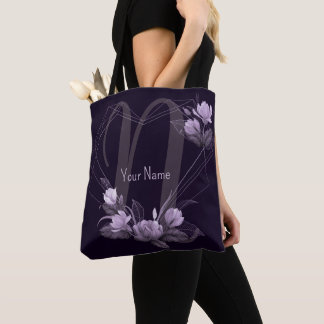 Tote Bag Cadre géométrique violet floral violet avec nom de