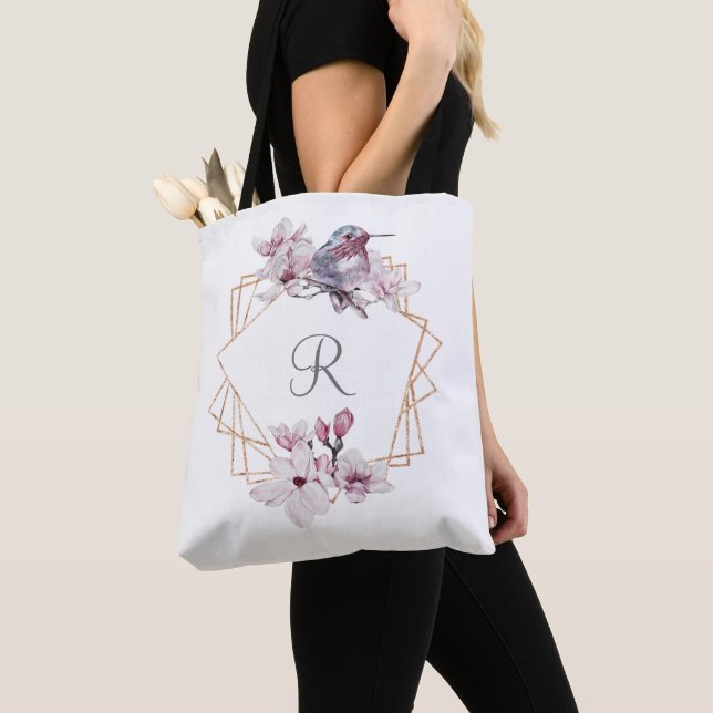 Tote Bag Cadre Orné de Magnolias Roses et Blancs Monogramme (De près)