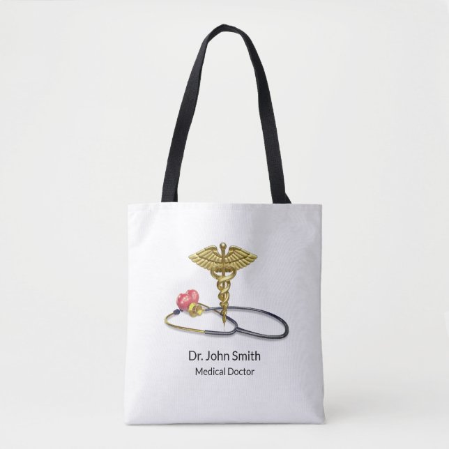 Tote Bag Caducée d'or & Stéthoscope médical avec Cœur (Devant)