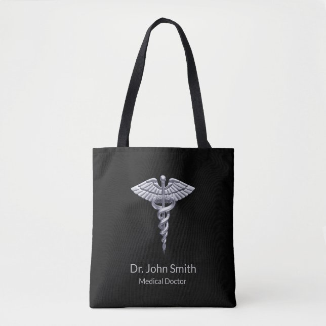 Tote Bag Caducée Médicale Silver Classy sur Noir (Devant)
