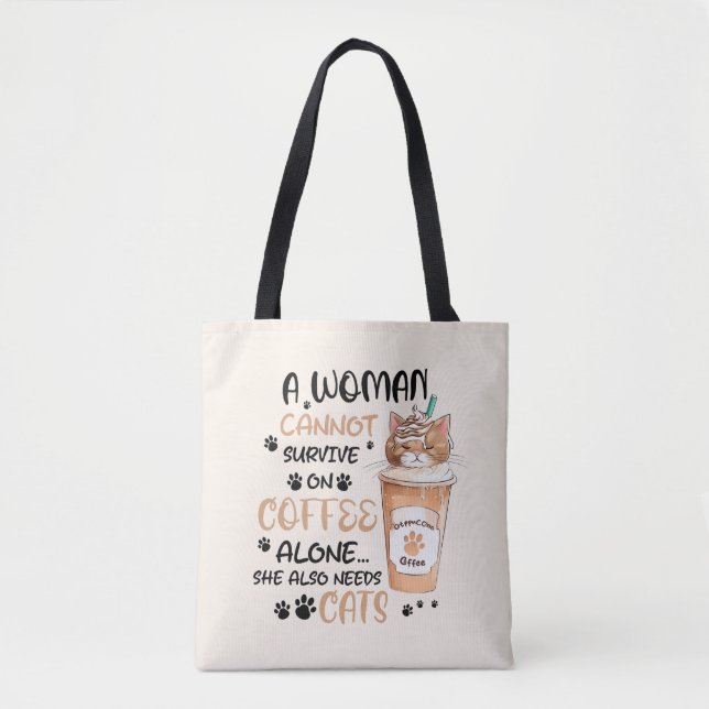 Tote Bag Café & Chats - Cute Kawaii Art (Devant)