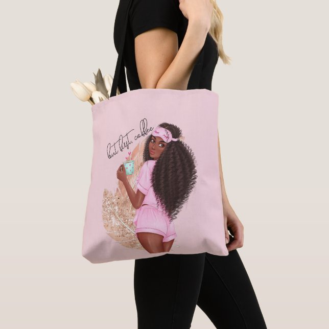 Tote Bag Café Faux Parties scintillant Fille Cheveux Rose r (De près)