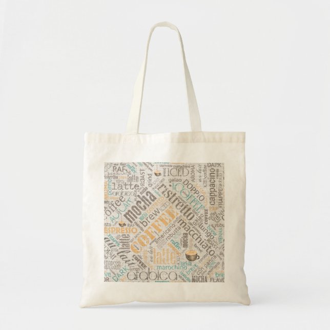 Tote Bag Café sur Burlap Word Cloud Turquoise ID283 (Devant)