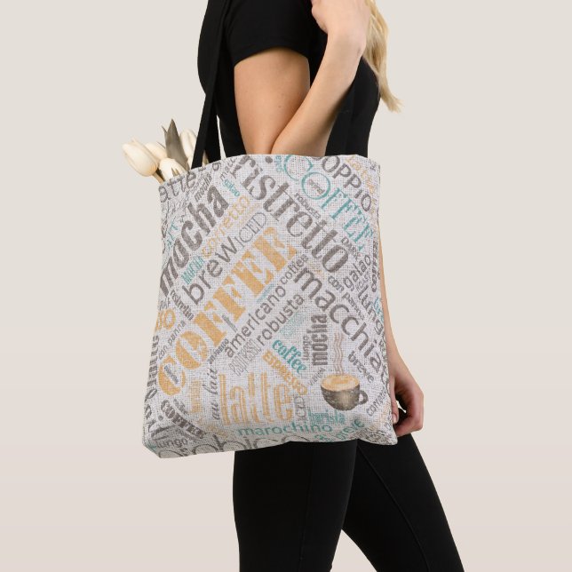 Tote Bag Café sur Burlap Word Cloud Turquoise ID283 (De près)