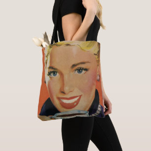 Tote Bag Café Vintage, Femme Heureuse avec Tasse de Café Ré