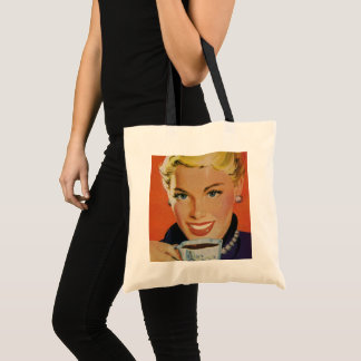 Tote Bag Café Vintage, Femme Heureuse avec Tasse de Café Ré