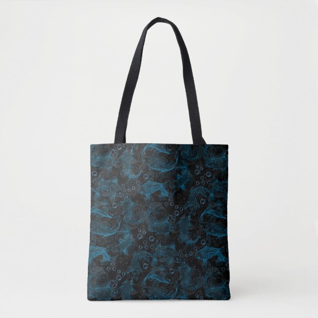 Tote Bag Calage Motif de poissons 01.blue.b D noir BG (Devant)