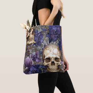 Tote Bag Calaveras y Rosas Moradas – Arte Gótico Elegante
