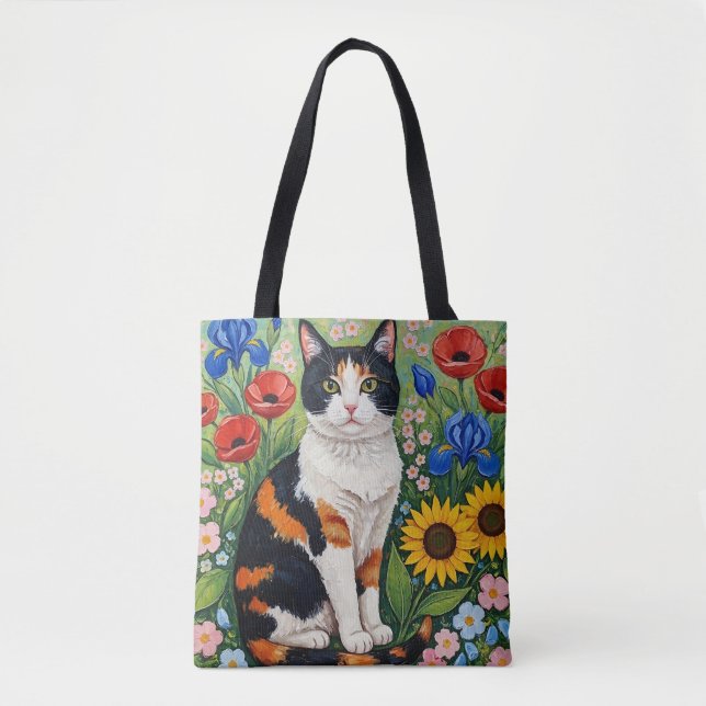 Tote Bag Calico Cat and Folk Art Sunflowers (Devant)