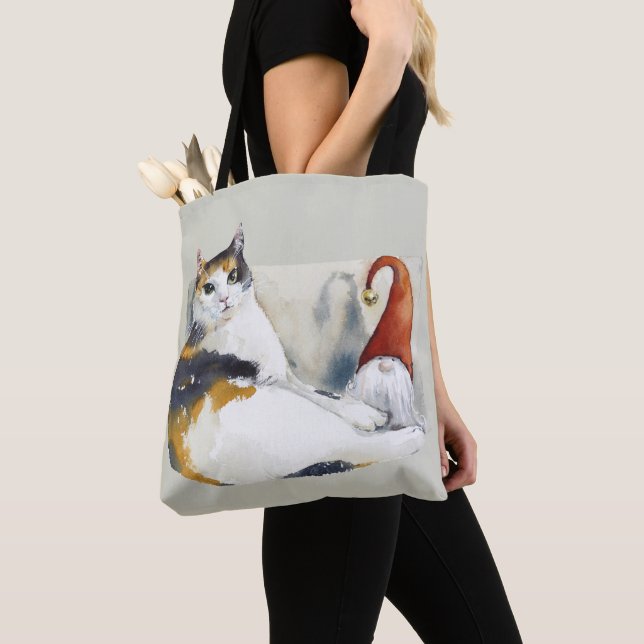 Tote Bag Calico Cat Gnome & Tortoiseshell Aquarelle (De près)